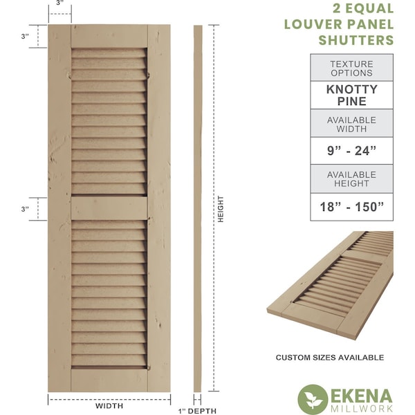 Rustic Two Equal Louver Knotty Pine Faux Wood Shutters (Per Pair), Primed Tan, 15W X 46H